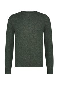 Donkergroen trui gemaakt van een gestructureerde, glinsterende breisteek. Heeft lange mouwen en een ronde halslijn, met ribgebreide boorden en zoom.