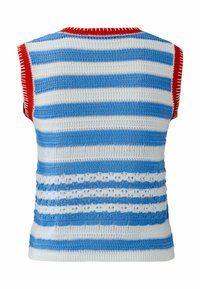 Sleeveless knitted top with horizontal blue and white stripes, red ribbed edges on neckline and armholes, textured pattern details.