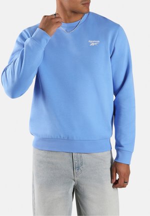 Mann trägt hellblauen Reebok-Sweatshirt und hellgraue Jeans, richtet mit der rechten Hand eine silberne Kettenkette zurecht.