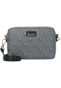 Grå syntetisk väska med diamantmönster och hälso-logotypdetaljer, med svart rem och guldfärgade detaljer.