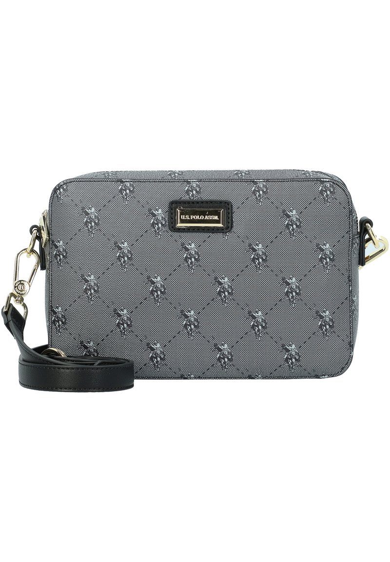 Grå syntetisk väska med diamantmönster och hälso-logotypdetaljer, med svart rem och guldfärgade detaljer.