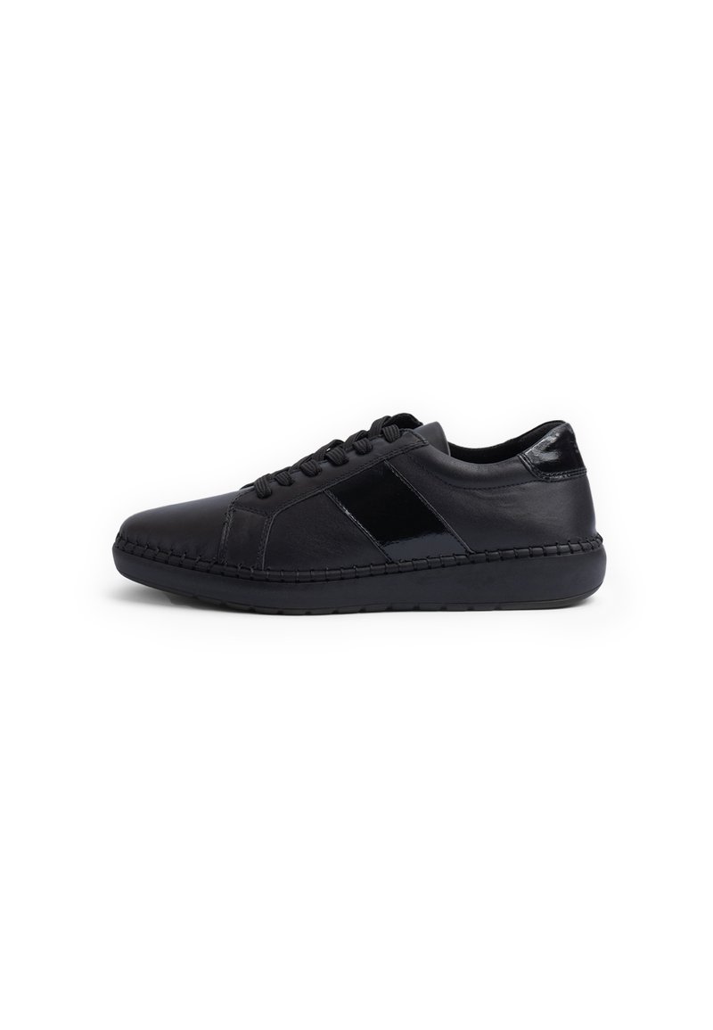 Black leather sneaker with a glossy side panel, rounded toe, and stitched detailing along the sole. Lace-up design and cushioned collar.