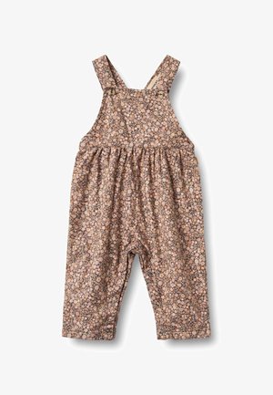 Mono tipo peto con estampado floral en tonos marrones y rosas. Confeccionado en tela suave con tirantes ajustables y botones a presión en las piernas.