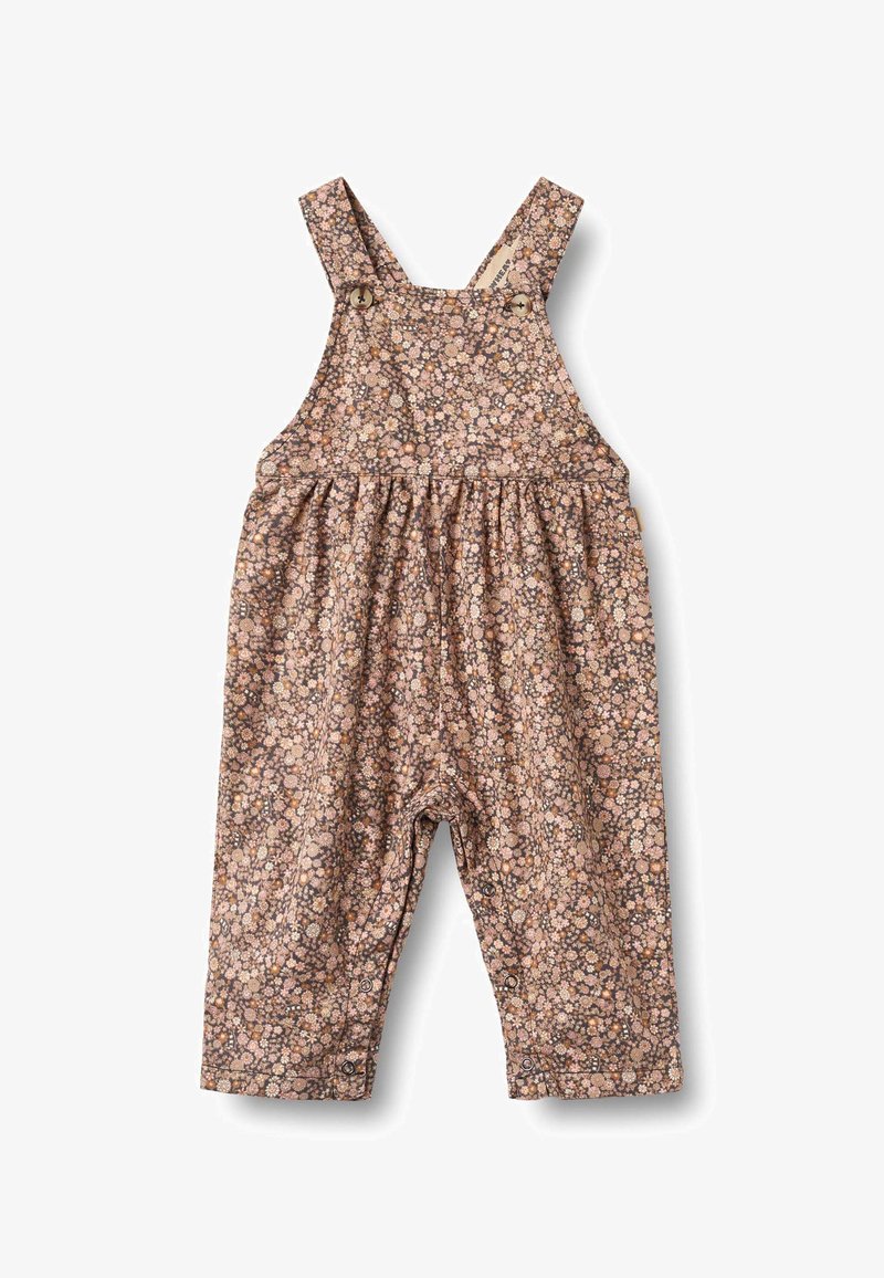 Gėlėto rašto kombinezonas rudos ir rožinės spalvų tonais. Pagamintas iš minkštos medžiagos su reguliuojamomis petnešėlėmis ir spaudėmis kojų srityje.