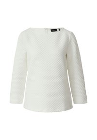 Weißer Pullover mit Struktur und Dreiviertelarm, ausgestattet mit einem Rundhalsausschnitt und einem Reißverschlussdetail am Rücken.