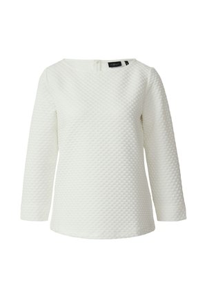 Weißer Pullover mit Struktur und Dreiviertelarm, ausgestattet mit einem Rundhalsausschnitt und einem Reißverschlussdetail am Rücken.