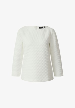 Weißer Pullover mit Struktur und Dreiviertelarm, ausgestattet mit einem Rundhalsausschnitt und einem Reißverschlussdetail am Rücken.