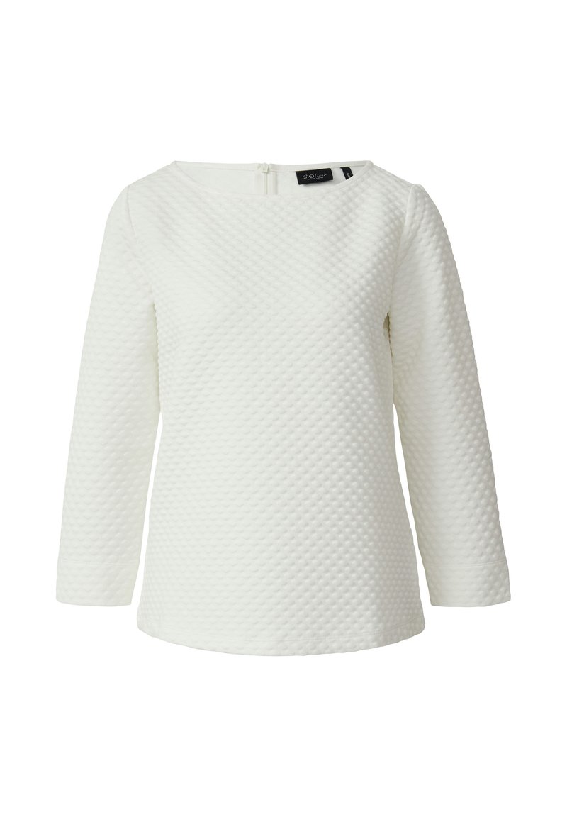 Weißer Pullover mit Struktur und Dreiviertelarm, ausgestattet mit einem Rundhalsausschnitt und einem Reißverschlussdetail am Rücken.