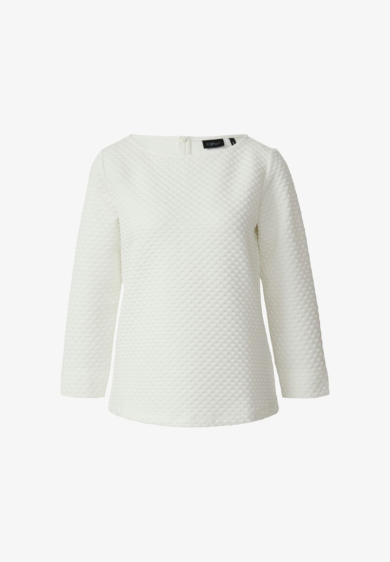 Weißer Pullover mit Struktur und Dreiviertelarm, ausgestattet mit einem Rundhalsausschnitt und einem Reißverschlussdetail am Rücken.