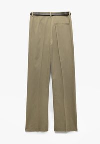 Beige broek met een rechte snit, voorzien van een zwarte tailleband en een enkele achterzak. Gladde textuur en op maat gemaakt ontwerp.