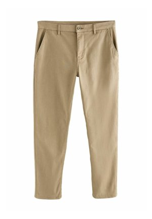 Beige chinos made of cotton fabric with a smooth texture. Features two front pockets, a zipper fly, and a single button closure.