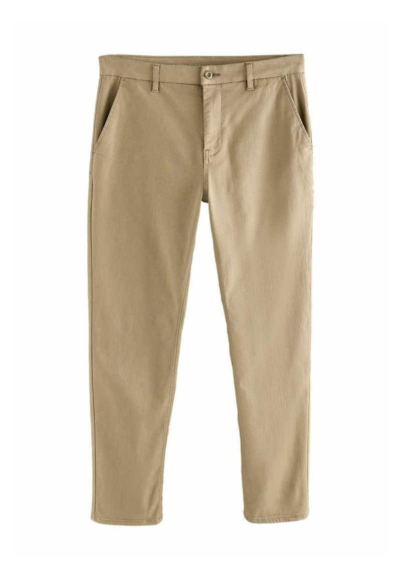 Beige chinos made of cotton fabric with a smooth texture. Features two front pockets, a zipper fly, and a single button closure.
