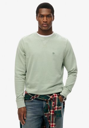 Felpa verde chiaro con scollatura a girocollo e polsini a coste, caratterizzata da un piccolo logo sul petto. Il modello indossa anche una camicia a quadri annodata in vita.