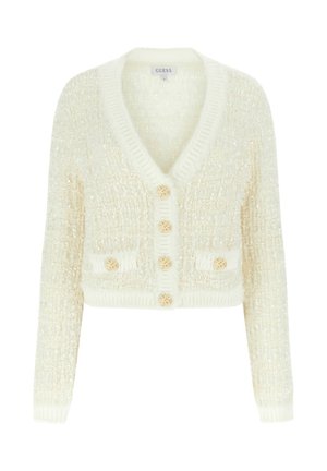 Crèmekleurig vest met een gestructureerde knit, diepe V-hals en goudkleurige sierknopen. Voorzien van twee voorzakken en geribbelde manchetten.