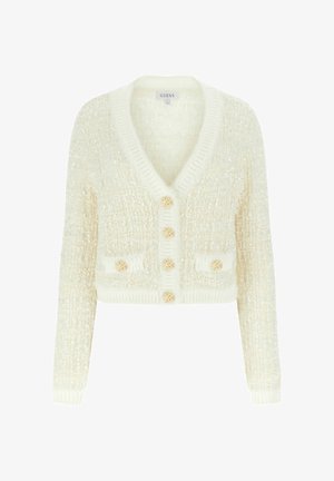 Cardigan crème en maille texturée, col en V profond, avec boutons décoratifs dorés. Comprend deux poches avant et des poignets côtelés.