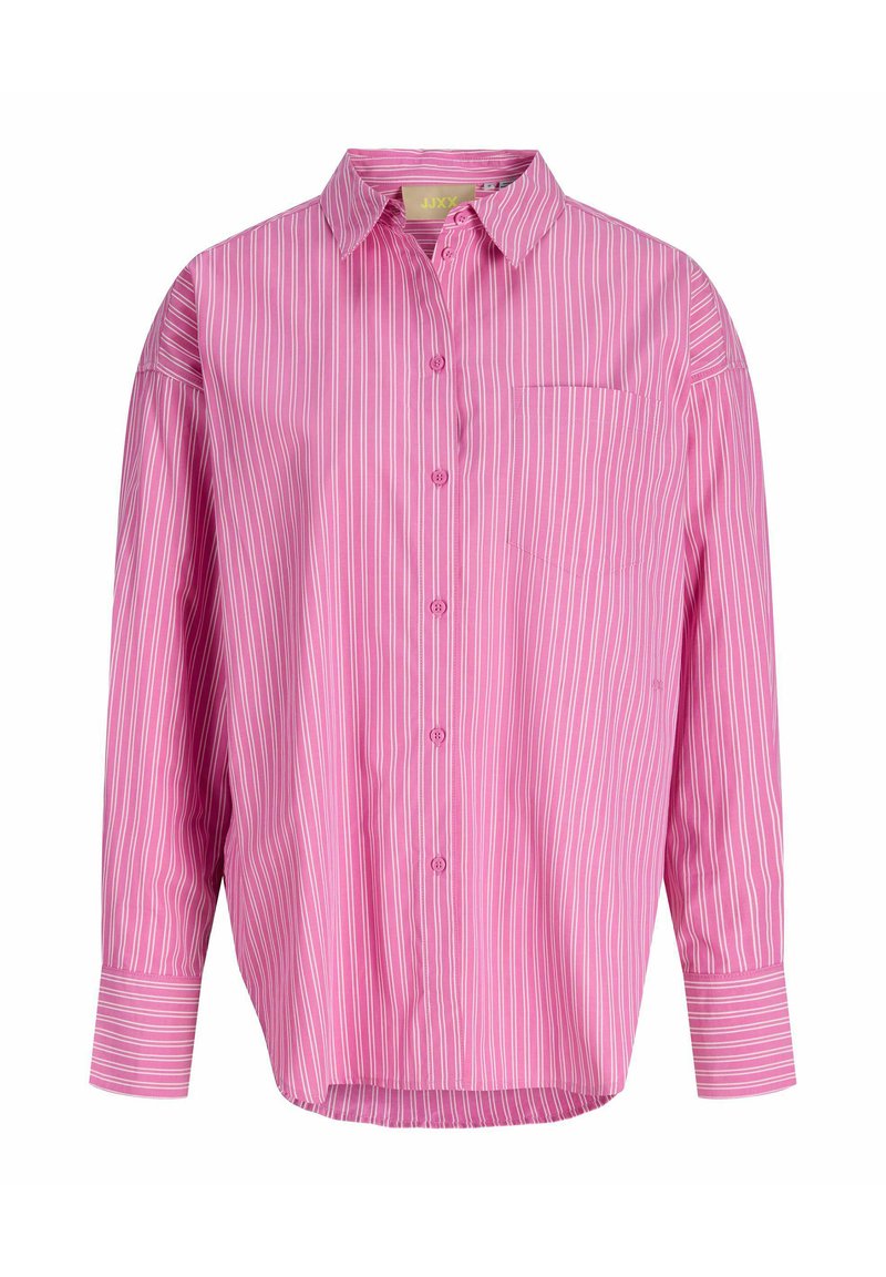Lyserød stribet skjorte med klassisk krave, lange ærmer, brystlomme og en afslappet pasform. Fremstillet af glat stof med lodrette striber.