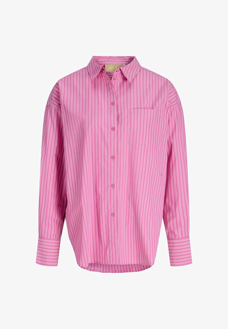 Lyserød stribet skjorte med klassisk krave, lange ærmer, brystlomme og en afslappet pasform. Fremstillet af glat stof med lodrette striber.
