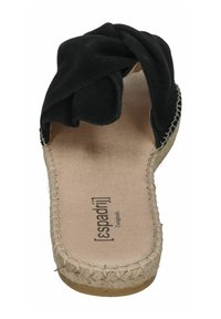 Black suede espadrille with a twisted upper design, woven jute sole, and a smooth inner lining featuring branded text.