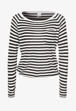 Mustassa ja valkoisessa vaakaraidallisessa pitkähihkaisessa paidassa on pyöreä pääntie ja pieni rintatasku vasemmalla puolella.