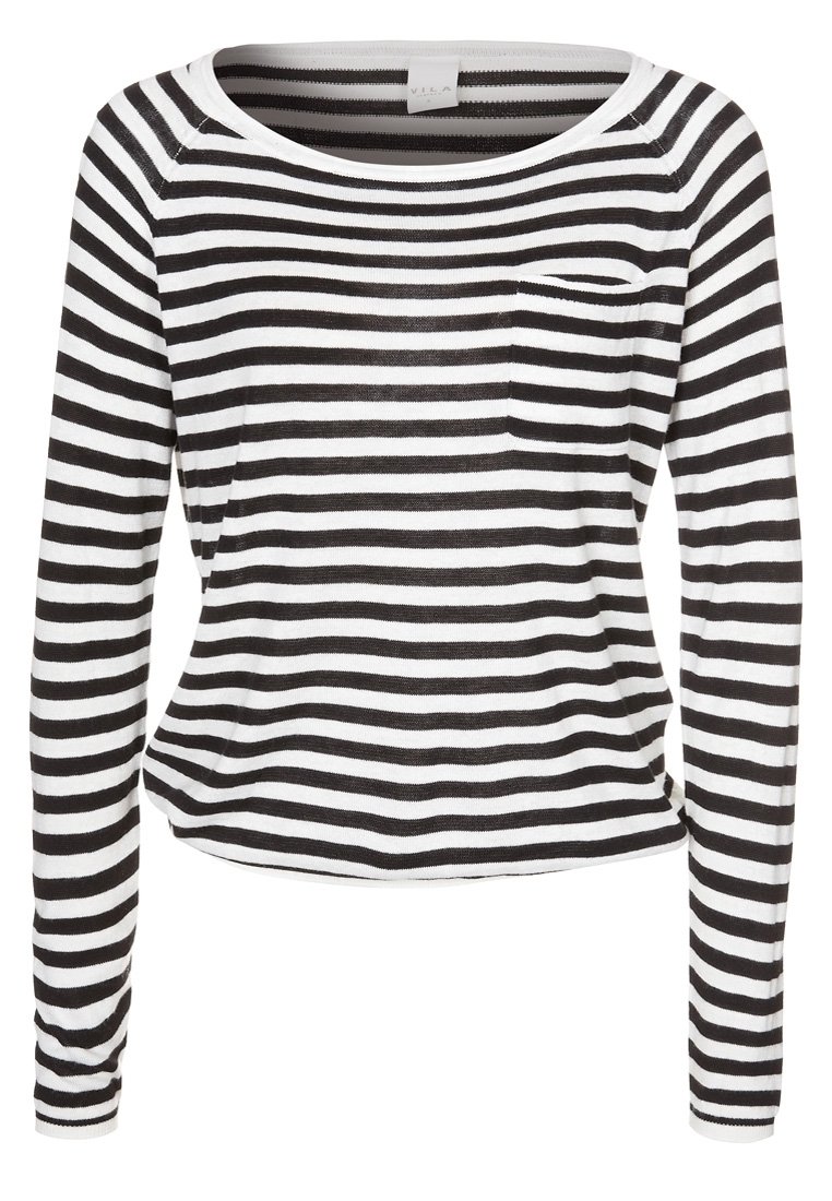 Chemise à rayures horizontales noir et blanc à manches longues avec col rond et petite poche sur le côté gauche.