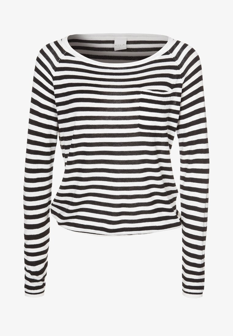 Chemise à rayures horizontales noir et blanc à manches longues avec col rond et petite poche sur le côté gauche.