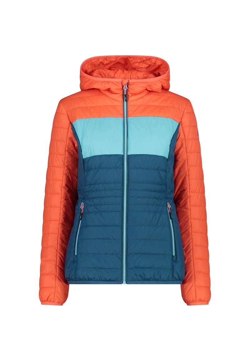 Gesteppten Jacke mit einem orangefarbenen oberen Bereich, einem blauen unteren Bereich und einem türkisfarbenen Einsatz, mit Kapuze und Reißverschlusstaschen.