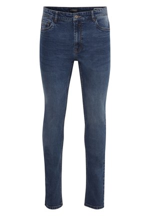 Tievās fit stilā zila denim bikses ar vidēju vidukli, piecu kabatu dizainu un kontrastējošām šuvēm. Gluda tekstūra ar nelielām nolietojuma detaļām.