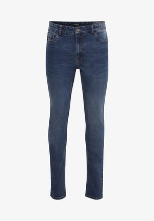 Tievās fit stilā zila denim bikses ar vidēju vidukli, piecu kabatu dizainu un kontrastējošām šuvēm. Gluda tekstūra ar nelielām nolietojuma detaļām.