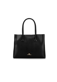Borsa a tracolla in pelle nera con design strutturato, doppi manici superiori, logo in finiture dorate e texture liscia. Nessun motivo o decorazione visibile.