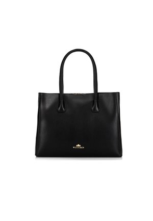 Black leather tote bag with structured design, double top handles, gold hardware logo, and smooth texture. No visible patterns or embellishments.