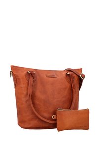 Borsa a tracolla in pelle marrone con bordi arrotondati, due manici e una pochette coordinata più piccola. Texture liscia, hardware minimale e dettagli di cucitura discreti.