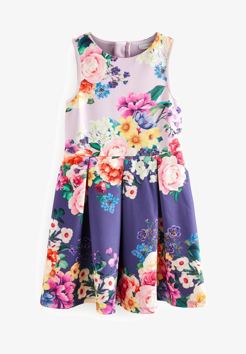 Robe sans manches pour fille avec corsage ajusté et jupe évasée, présentant un motif floral multicolore sur fond rose et violet.