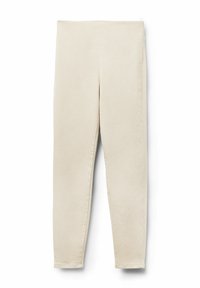 Leggings beiges extensibles avec une texture lisse et une taille élastique. Le design est ajusté sans poches ni ornements.