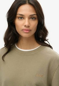 Felpa verde oliva con scollo rotondo e colletto interno bianco, con un piccolo logo marrone chiaro "SUPERDRY" sul petto. Texture morbida.