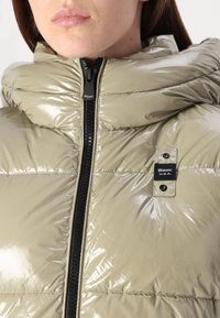 Casaco puffer de cor bege clara, com textura brilhante e acolchoada, gola alta e fecho éclair preto. Apresenta uma etiqueta de marca no lado esquerdo.
