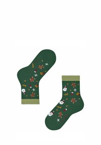 Calzini verdi con una finitura strutturata, caratterizzati da motivi festivi di Babbo Natale, omini di pan di zenzero, fiocchi di neve e regali. Accentuati da un risvolto verde chiaro.