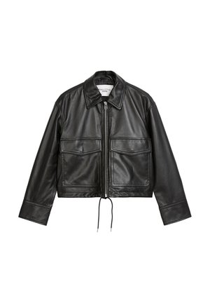 Black leather cropped jacket with a zip front, pointed collar, two front pockets, and adjustable drawstring hem. Smooth texture and modern design.