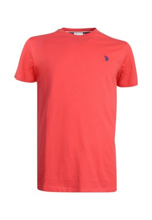 T-shirt a maniche corte in cotone corallo brillante, con un piccolo logo blu del polo sul lato sinistro del petto e un classico design a collo tondo.
