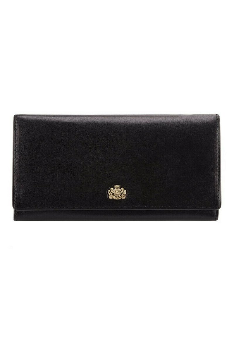 Portefeuille en cuir noir avec une texture lisse, de forme rectangulaire et un emblème doré à l'avant. Design élancé pour un transport facile.