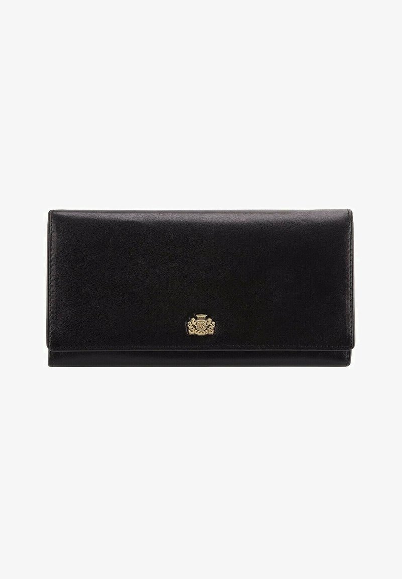 Portefeuille en cuir noir avec une texture lisse, de forme rectangulaire et un emblème doré à l'avant. Design élancé pour un transport facile.