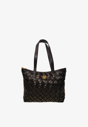 Borsa tote in pelle intrecciata nera con due spallacci, caratterizzata da un accento rotondo in oro sul davanti e apertura con zip nella parte superiore.