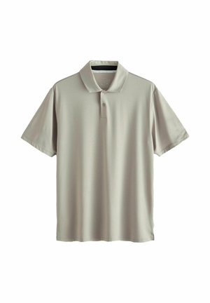 Hellgraues Polohemd mit kurzen Ärmeln, Zweiknopfleiste und klassischem Kragen, auf weißem Hintergrund dargestellt.