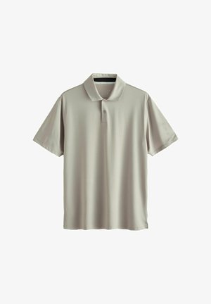 Hellgraues Polohemd mit kurzen Ärmeln, Zweiknopfleiste und klassischem Kragen, auf weißem Hintergrund dargestellt.