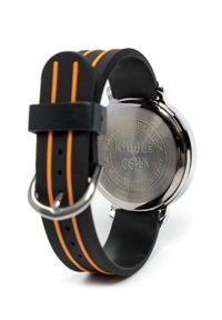 Bracelet de montre en silicone noir avec accents orange, dos en acier inoxydable, boîtier rond, résistant à l'eau, boucle ajustable.