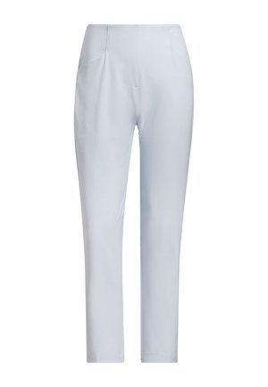 Light blue stretch trousers with a smooth texture, slim fit, and two front pockets. Features a classic waistband design.