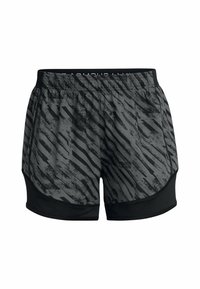 Svart och grå atletiska shorts med ett tigerstrimlat mönster, elastisk midja och en kontrasterande svart nederkant.