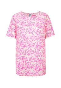 Kurzes, leichtes Blusenshirt in zartem Rosa mit einem ganzflächigen floralen Muster in lebhaftem Pink, entspannter Schnitt und Rundhalsausschnitt.