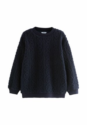 Pull en polaire texturée bleu foncé à manches longues avec col rond côtelé, poignets et ourlet, présenté sur fond blanc.