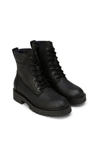 Schwarze Lederknöchelstiefeletten mit Schnürung, runder Zehenform und gummierter Laufsohle. Mit seitlichem Reißverschluss und genähten Details.