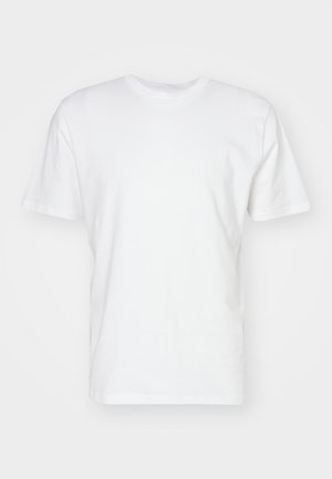 Witte katoenen T-shirt met korte mouwen, ronde halslijn en een gladde textuur. Eenvoudig ontwerp zonder patronen of afbeeldingen.
